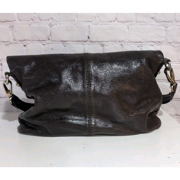 Kate Spade Brown Glossy Leather Shoulder Bag Fold Over Hobo Purse Crossbody - Picture 4 of 15